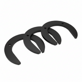 Three black horseshoes on a light blue background