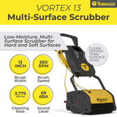Tornado Vortex 13 Multi-Surface Scrubber with specifications on a yellow background