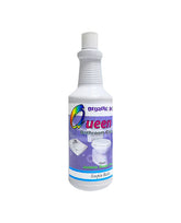 Bottle of Queen Bathroom Cleaner on a light blue background
